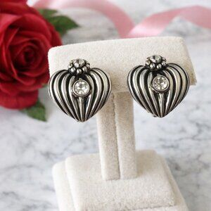 Vintage Ribbed Heart Rhinestone Clip On Earrings Silver Tone Romantic Jewelry